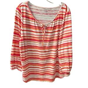 Talbots Women’s Xl Cotton Blend Top Scoop Tie Neck  Stripe Pink/Coral 3/4 Sleeve